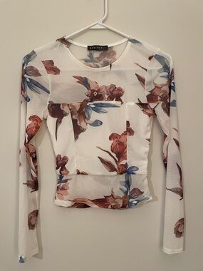Blue Blush White Floral Mesh Long-Sleeve Top